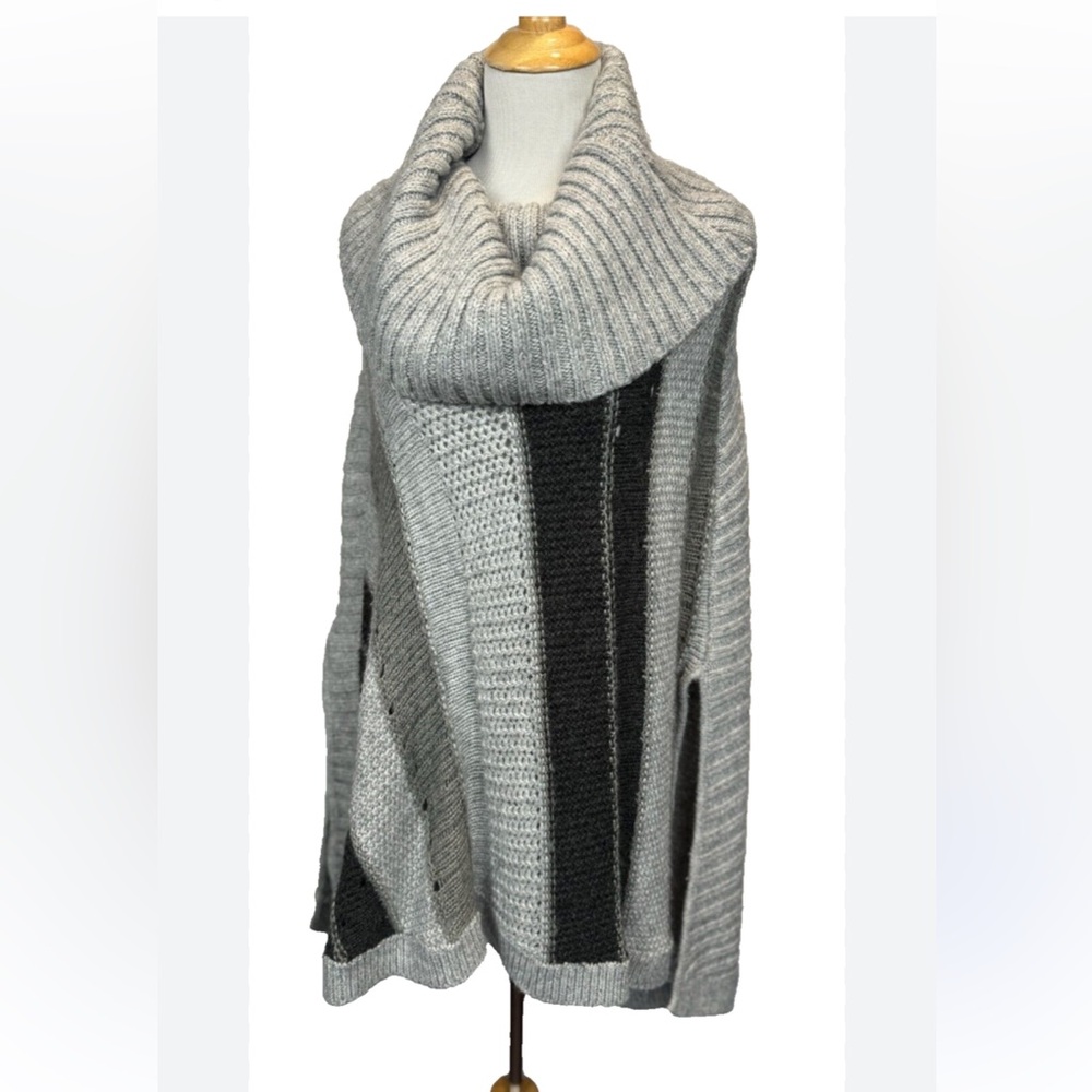 Talbots Wool Blend Ribbed Striped Open Knit Oversized Cowl Neck Poncho, L/XL